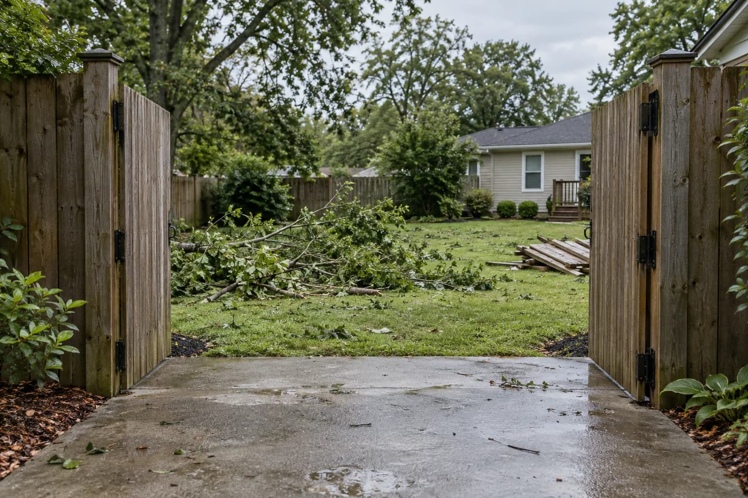 View from clear paving through a fence opening toward grounded branches and boards
