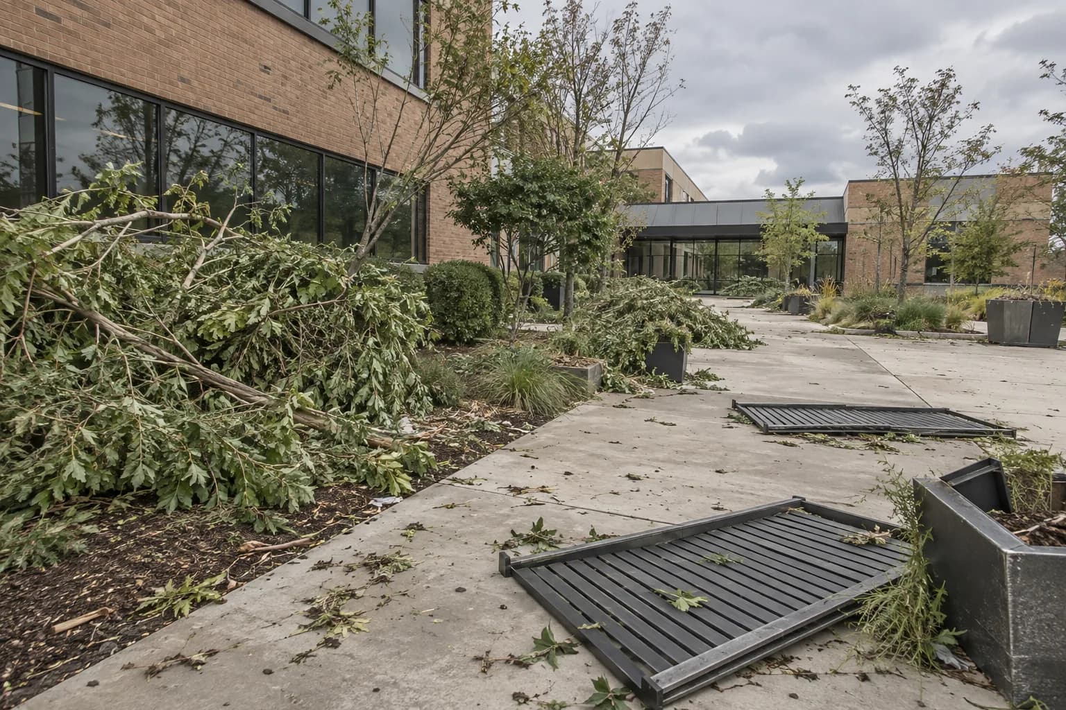 Grounded branches and detached screen panels along a commercial courtyard access lane