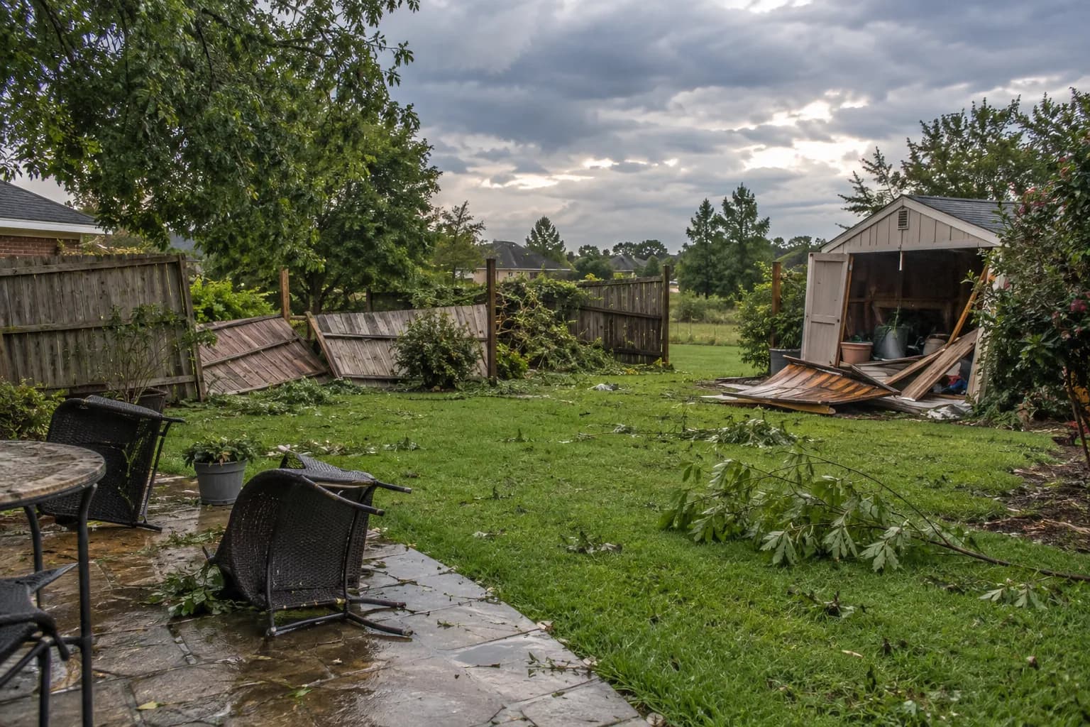 Detached fence panels, loose shed material and tipped patio chairs in a backyard
