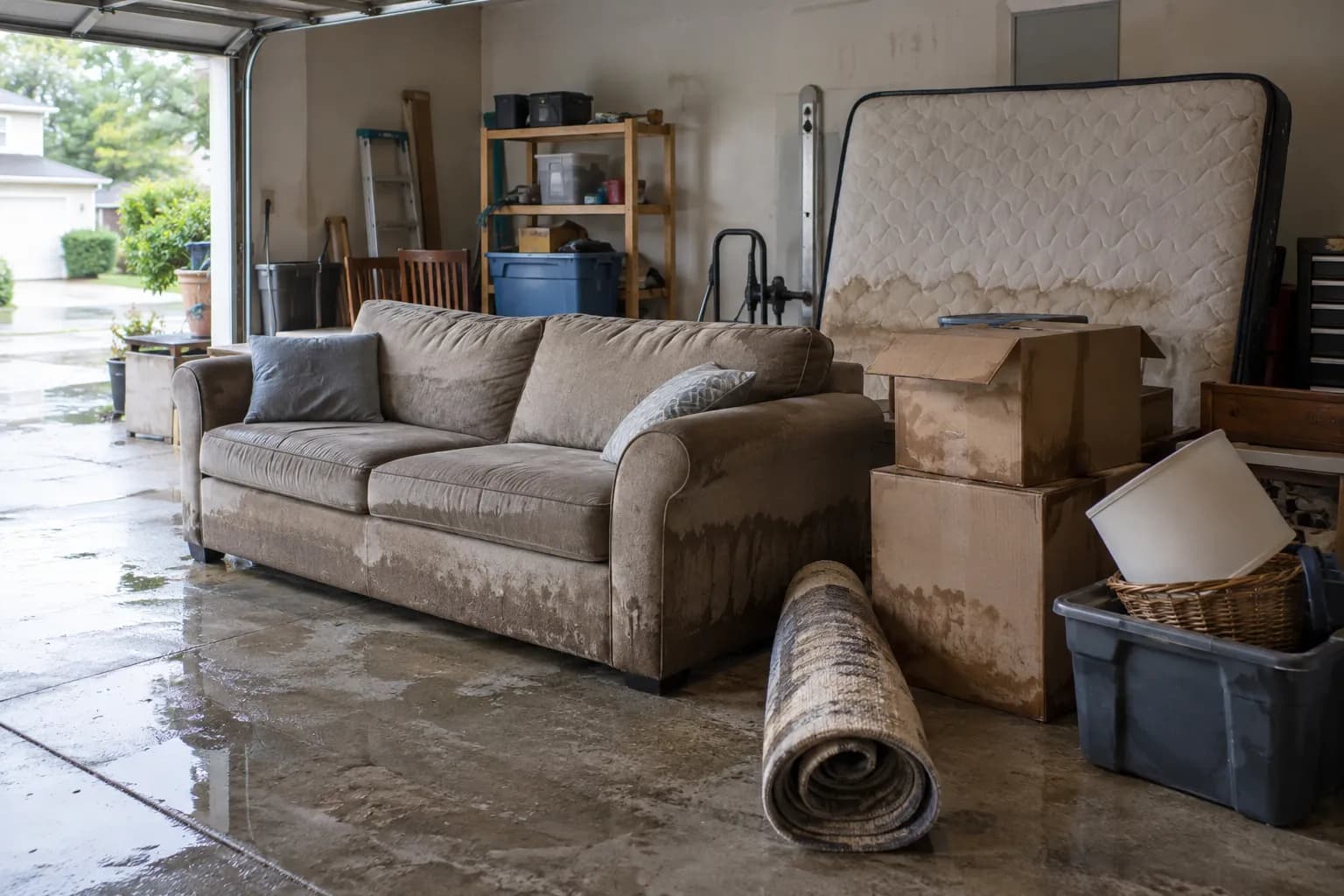 Water-stained sofa, mattress, rolled rug and boxes in a garage