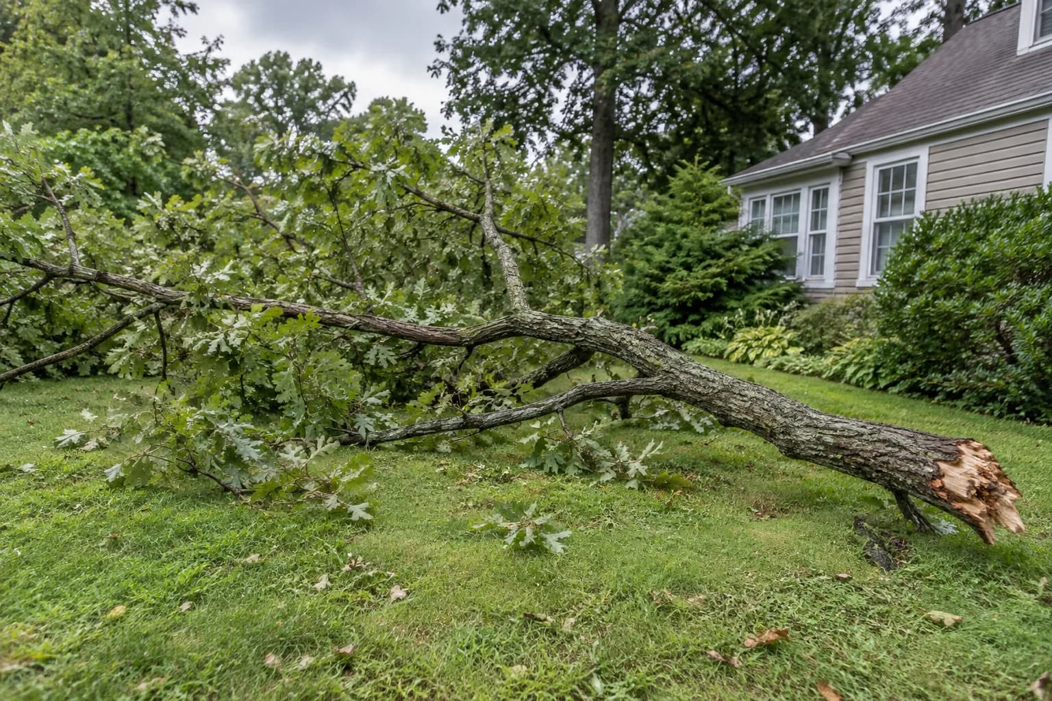 A large broken oak limb with smaller leafy branches resting on a lawn