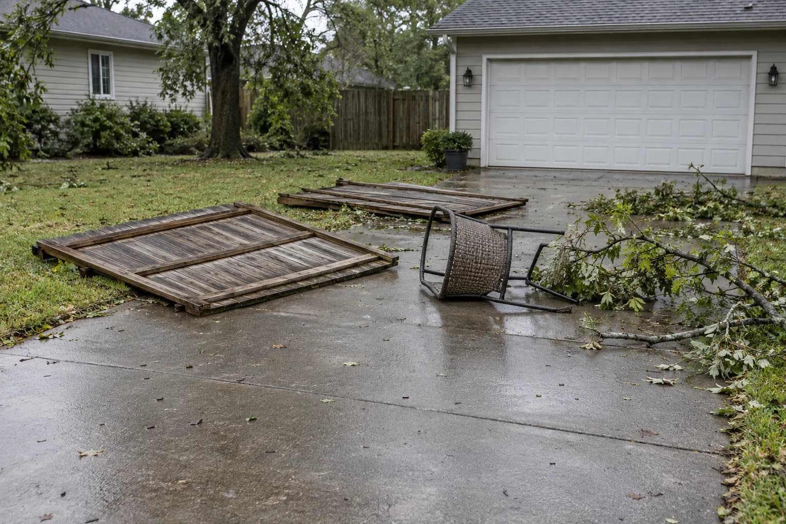 Detached fence panels, a tipped patio chair and branches beside a driveway