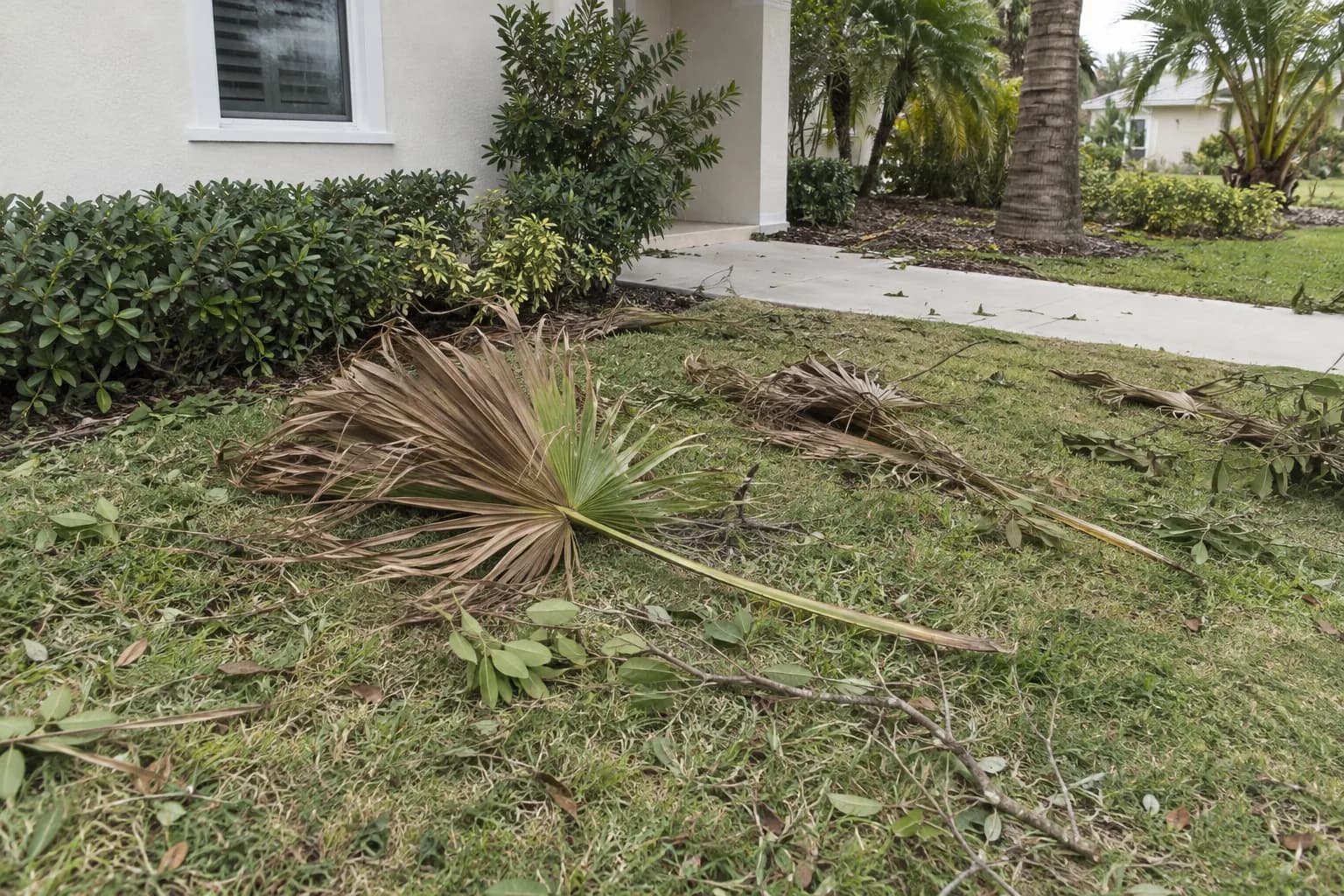 Fallen palm fronds, leaves and small branches scattered across a lawn