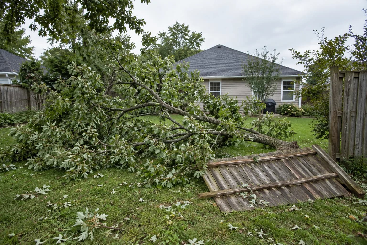 Grounded leafy limbs and a detached wooden fence panel in a residential yard