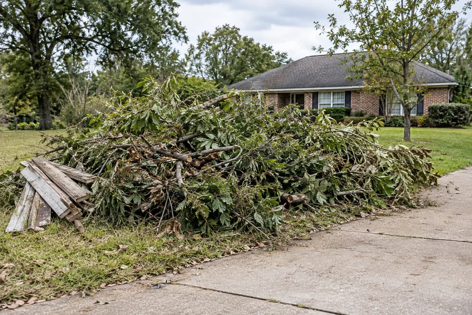 A low pile of leafy branches and loose boards beside a clear driveway