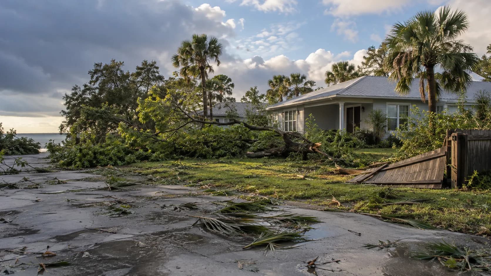 Large grounded tree limbs, palm debris and broken fencing across a residential property after a storm